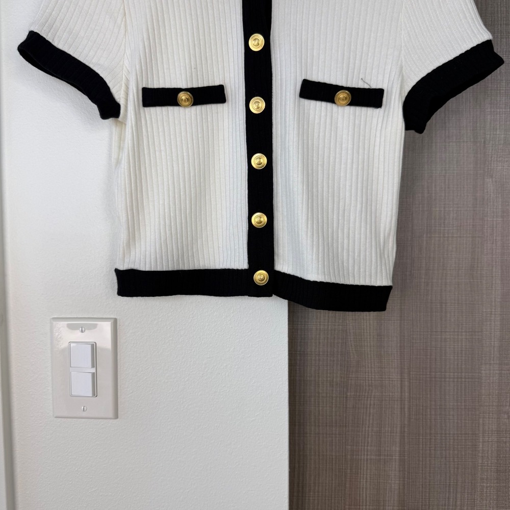 Reformation White Black Aminara Knit Short Sleeve Top Old Money Size Large - Picture 7 of 14